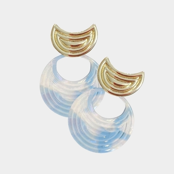 NEW Blue Gold Marble Iridescent Round Dangle Earrings - Picture 1 of 7